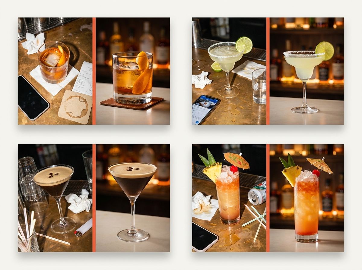 Four before-and-after pairs of cocktails: an old fashioned, a margarita, an espresso martini, and a tropical drink with an umbrella, lifted from a messy bar top onto a clean, moody backdrop.