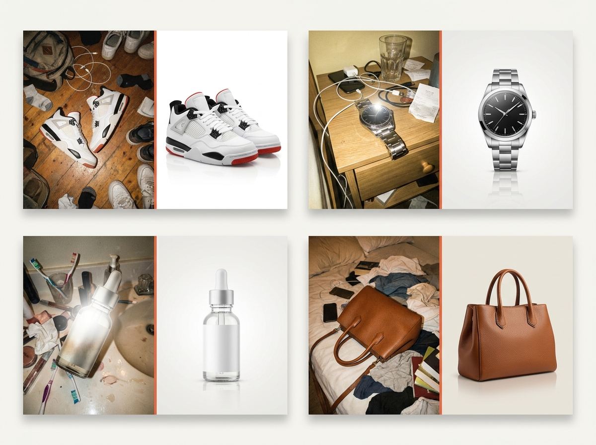 Four before-and-after pairs: Air Jordans, a steel watch, a serum bottle, and a leather handbag, each moved from a messy setting onto a clean studio background.