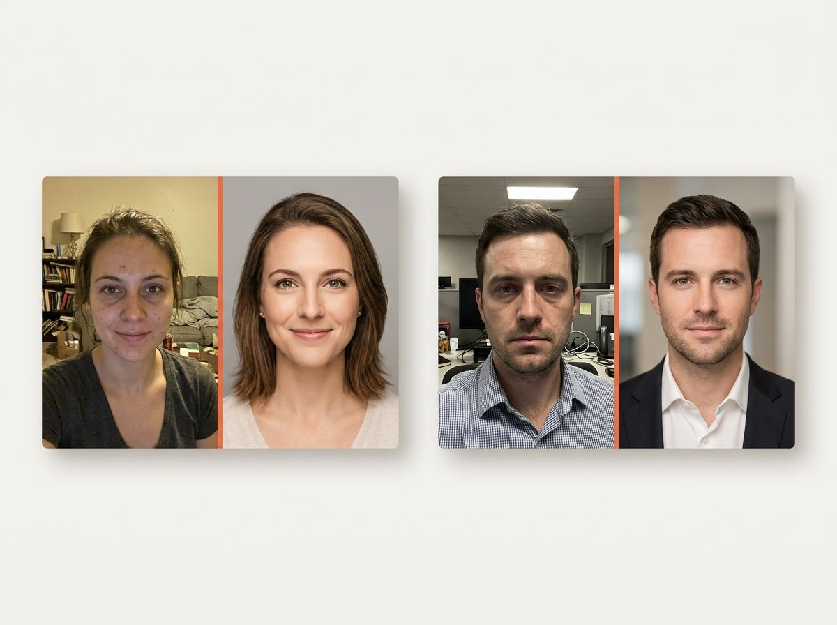 Two before-and-after headshots: casual selfies taken at home and in an office are turned into polished professional portraits on neutral backgrounds.