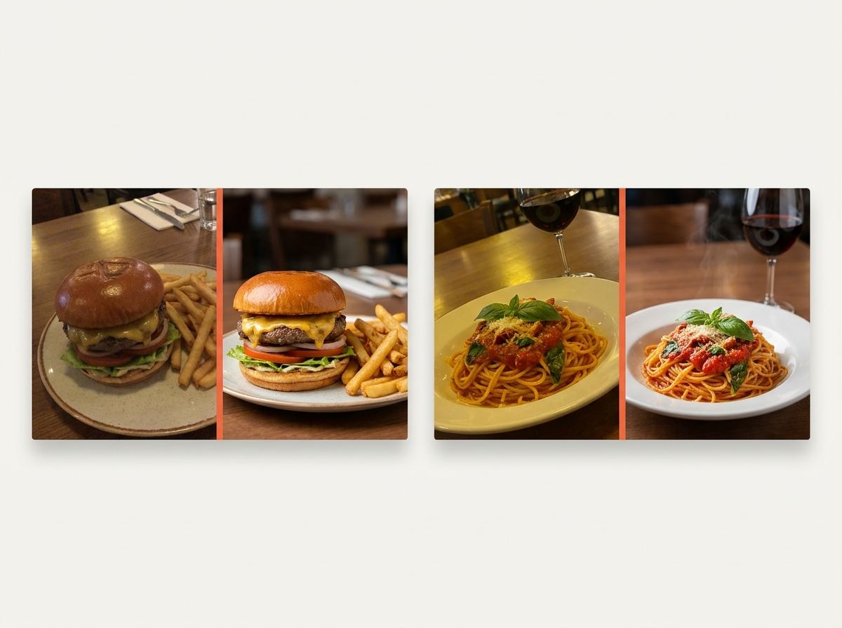 Before and after: a cheeseburger with fries and a plate of spaghetti, made menu-ready.