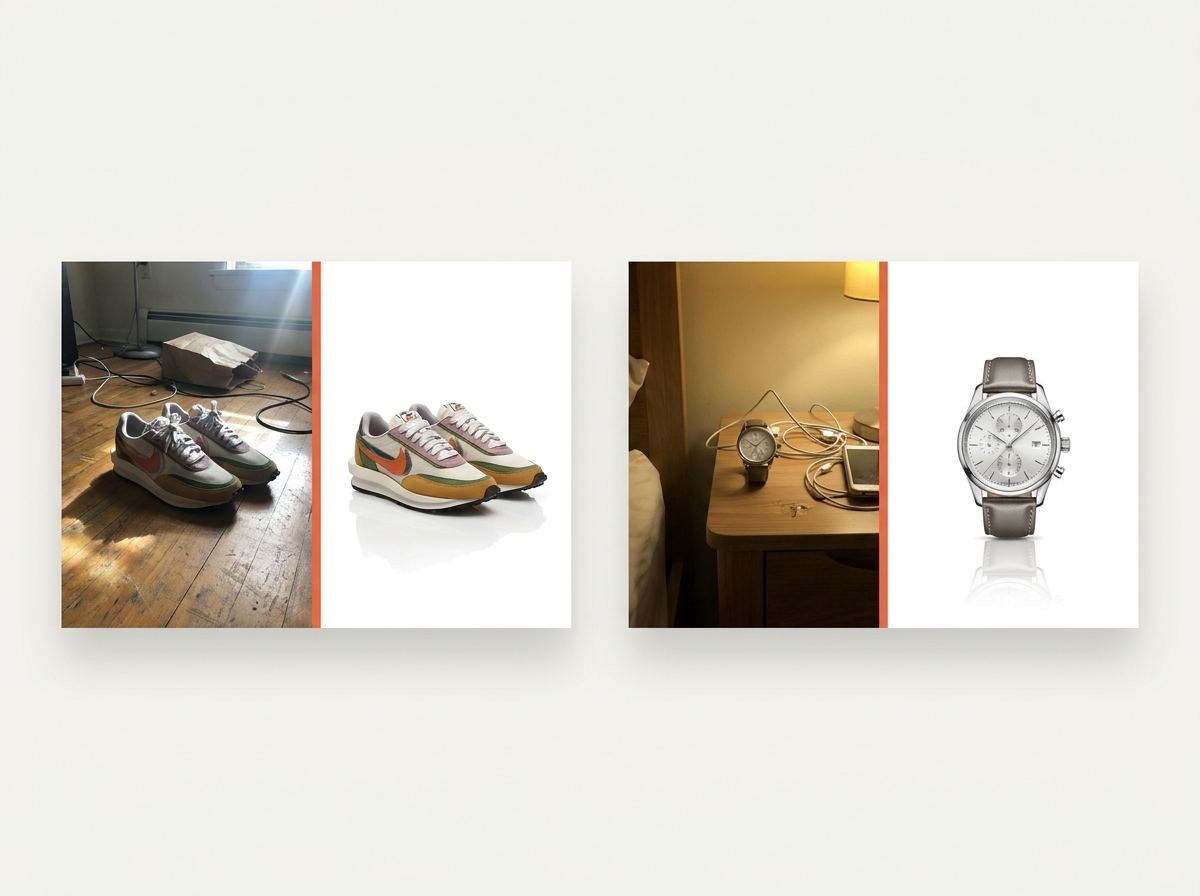 Before and after: sneakers on a cluttered floor and a watch on a nightstand, both lifted onto clean white backgrounds.