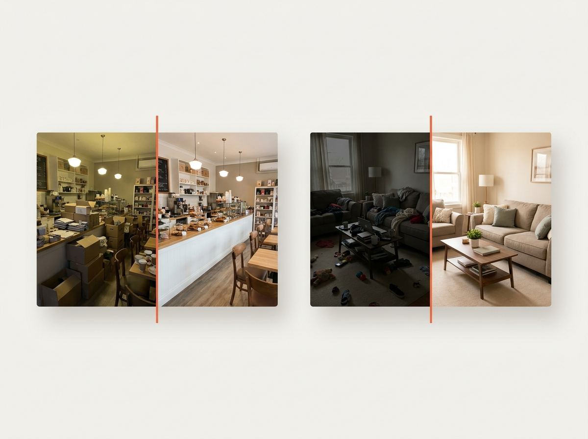 Before and after: a cluttered café full of boxes and a messy living room, both tidied, brightened, and made inviting.