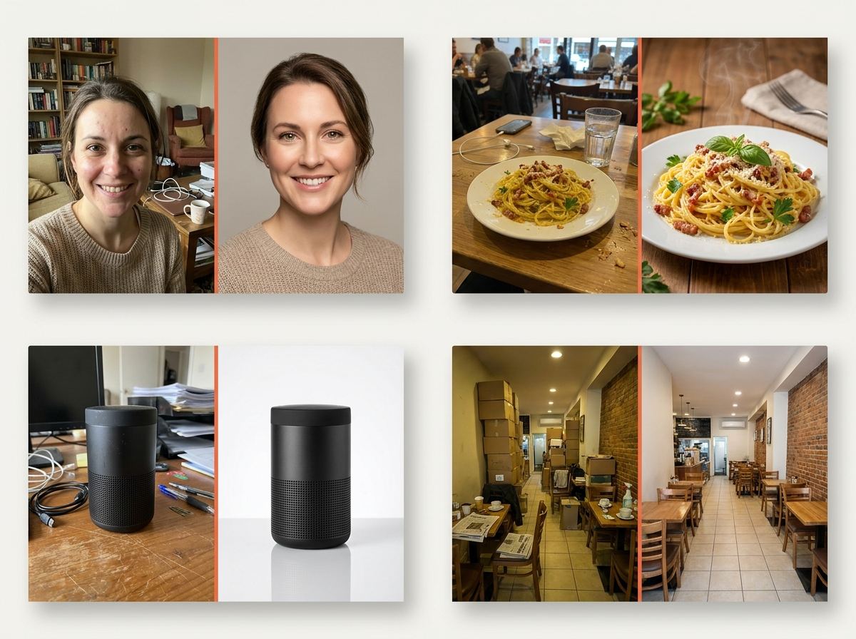 Before and after pairs: a phone selfie becomes a studio headshot, a plate of pasta becomes a clean food shot, a desk speaker becomes a product shot, and a cluttered café is tidied.