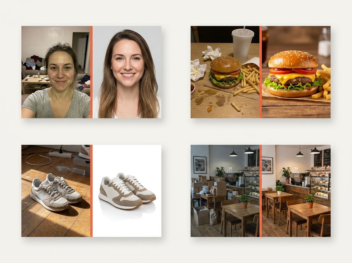 Before and after pairs: a selfie, a burger and fries, a pair of sneakers, and a café interior, each cleaned up and enhanced.