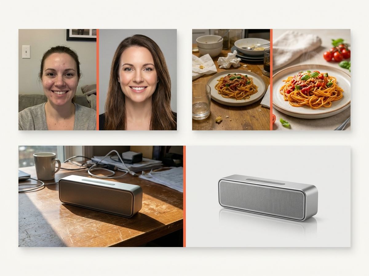 Before and after: a selfie becomes a professional portrait, a plate of pasta is plated like a pro shoot, and a speaker is placed on a clean background.