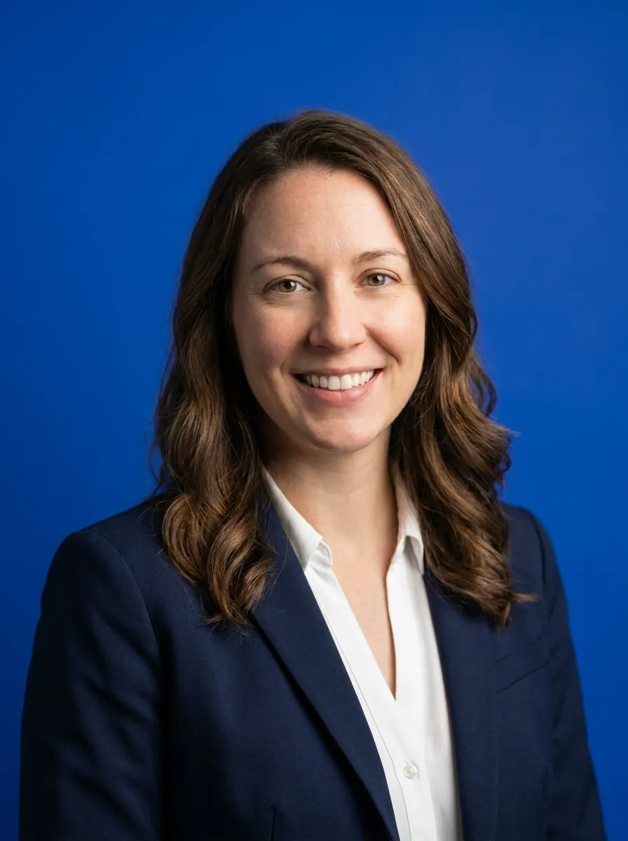 The same woman, studio headshot on a blue backdrop