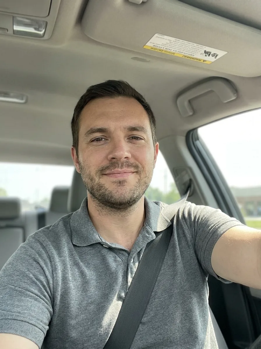 Phone selfie, man, in a car